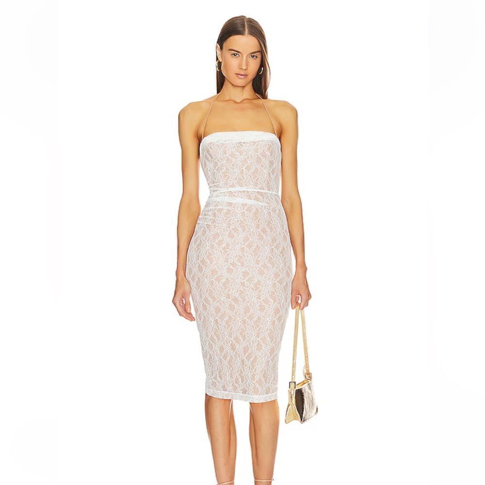 Michael Costello x Revolve Noa Midi Dress white lace stretch strapless $238 XXS